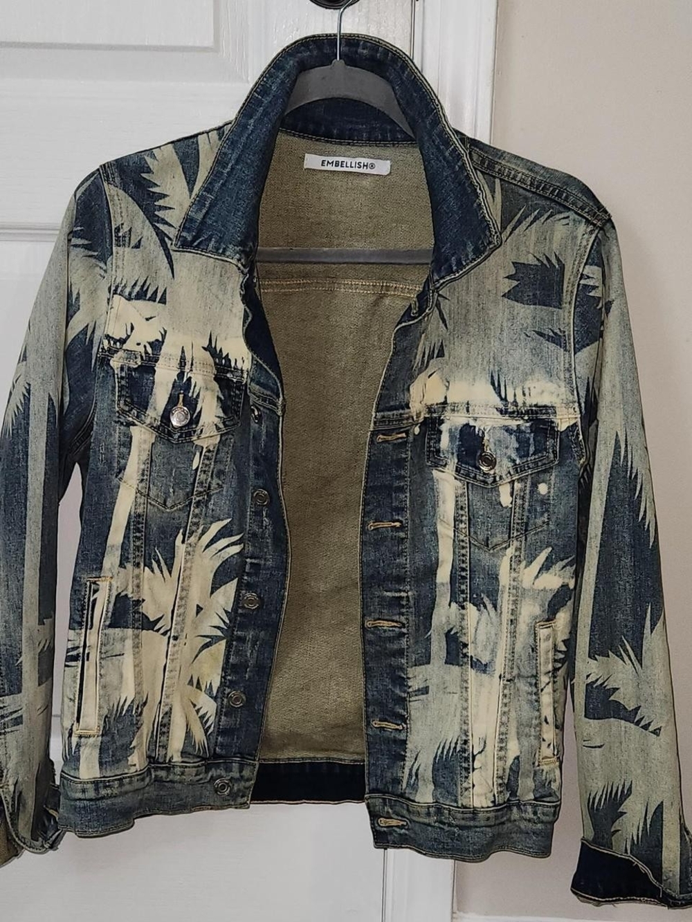 Embellish Men's Blue Printed Denim Jacket with Cream Tropical Motif